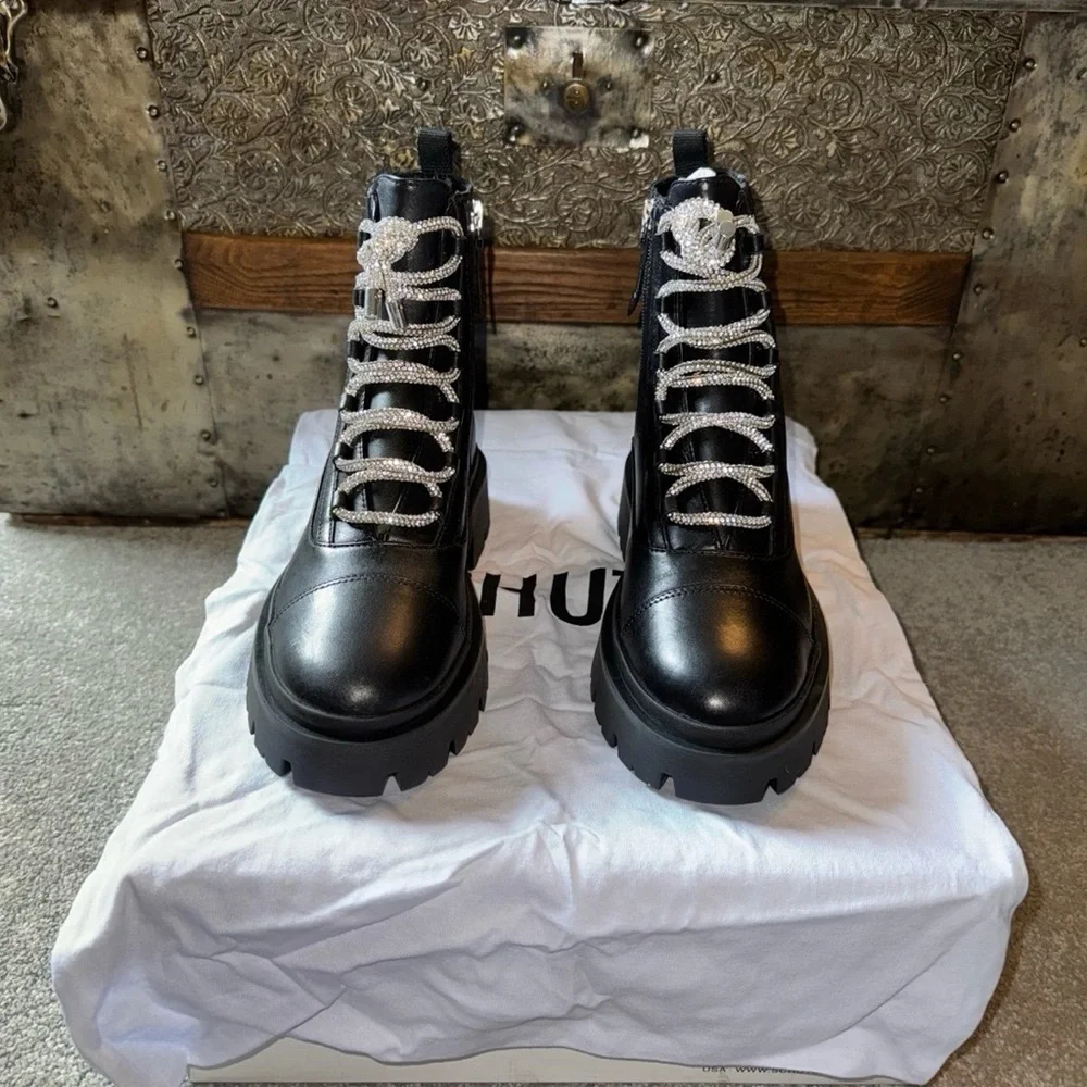 NIB Schutz Kaile Black Lug Lace Up/Side Zip Combat Moto Leather Boots SZ 7 - Picture 2 of 12